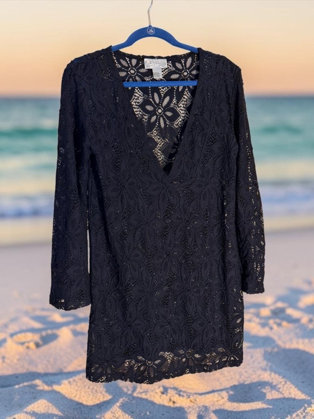 J. Valdi Black Daisy Floral Lace V-Neck Tunic Swim Cover Up Sz L